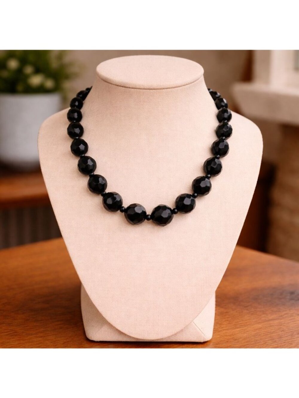 Faceted Black Bead Necklace Glossy Lightweight 18-21 inch Timeless Classic